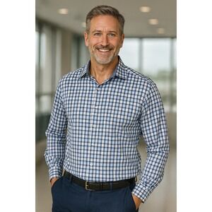 Bugatchi Uomo Shaped Fit Shirt Men's Large Blue Plaid Check Long‎ Sleeve Button